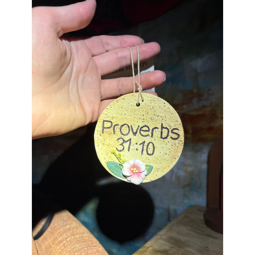 Handmade Proverbs 31:10 Gold Wood Disc Ornament Floral Bible Verse Decor 2024